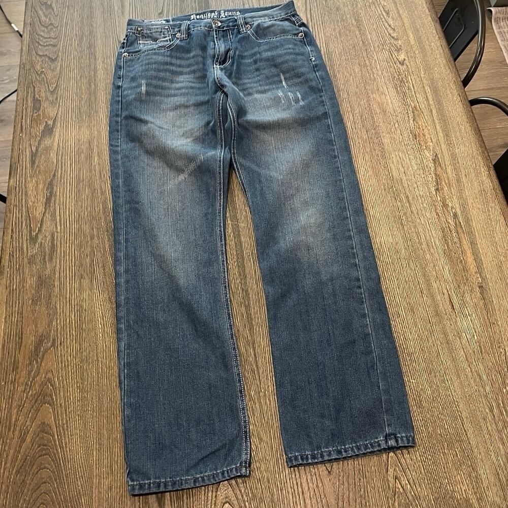 Request Jeans Straight Leg Mid Rise Distressed Denim Medium Wash Blue Size 32x32